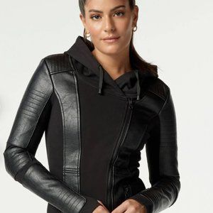 BLANC NOIR ASYM Hooded Moto BLACK faux Leather Jacket XS